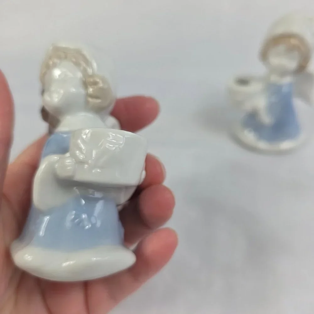 TWO Vintage Ceramic Candle Holders Blue & White Angels Colonial Candle